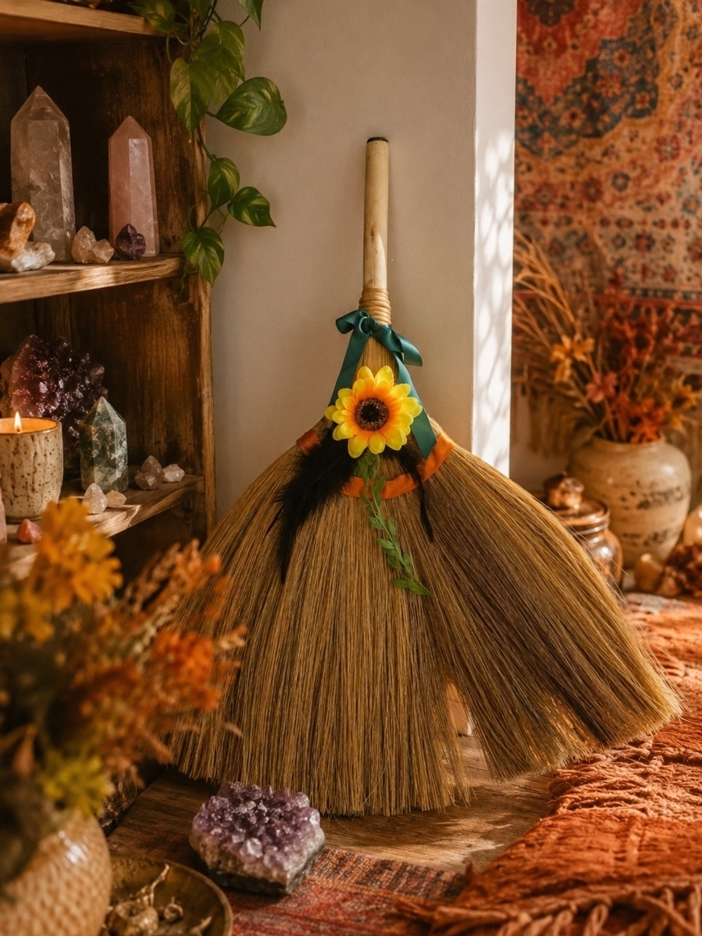 4/$15 Handmade Decorative Sunflower Broom Natural Straw Altar Whisk Broom Indoor
